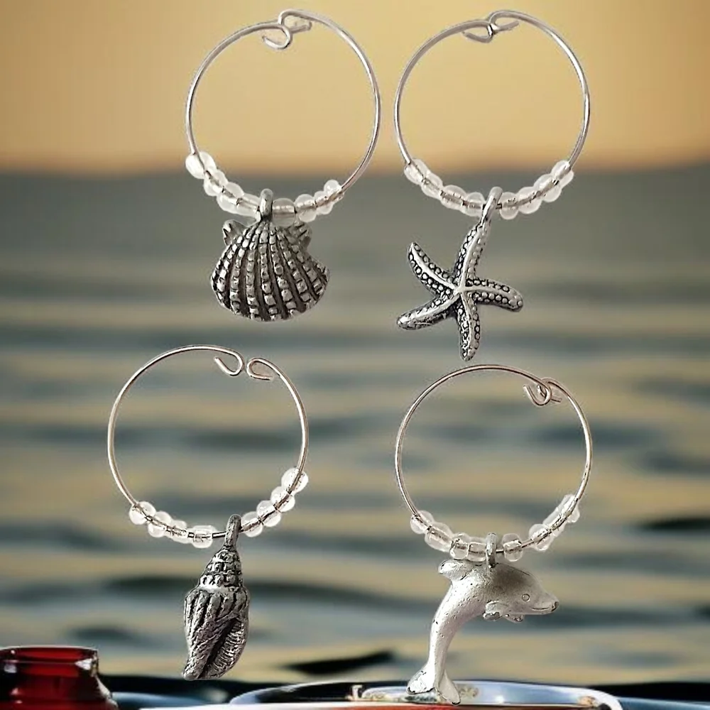 4 Beach Themed Wine Glass Charms Vintage Y2K Silver Tone Beaded Coastal Nautical